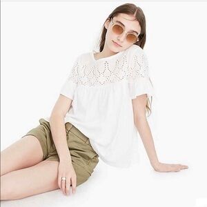 J Crew J.Crew Eyelet Top Blouse Tee Shirt Cotton White Ruffle Cottage Grandma